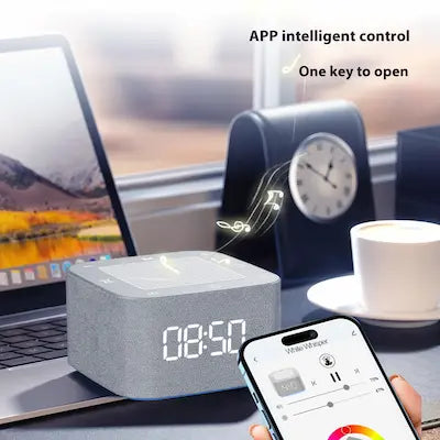 white noise sleep with app control on a desk next to a laptop and smartphone, with app control text above.