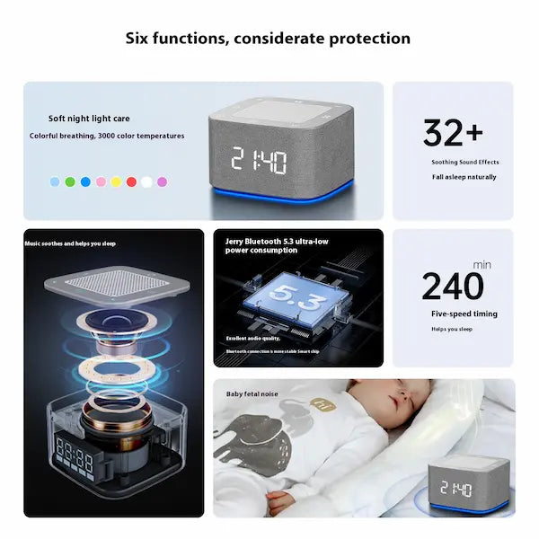 Product display with six functions of a sleep aid device, including soft night light care, soothing sound effects, music soothing, five-speed timing, and baby fetal noise.
