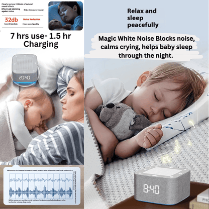 Baby sleep aid device with charging time and noise reduction features, shown with a child sleeping.
