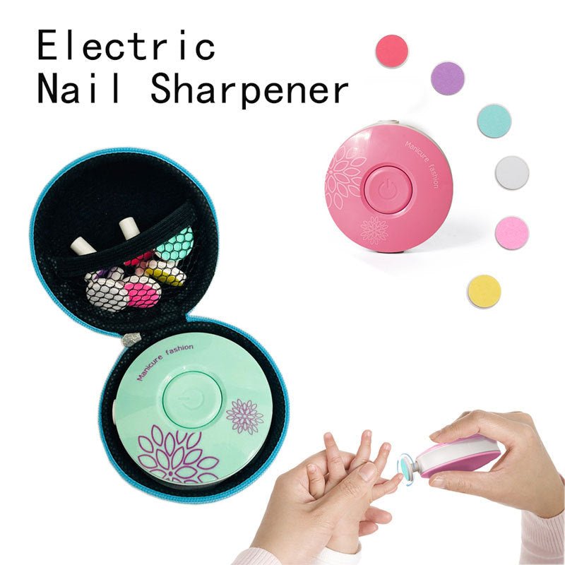 Electric baby nail trimmer with pink device, open case of accessories, and nail file color swatches