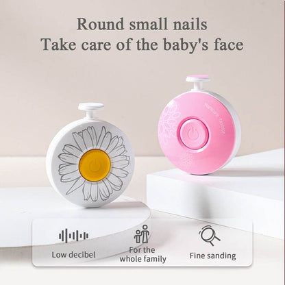 Electric baby nail trimmer set – white daisy design and pink variant on light background