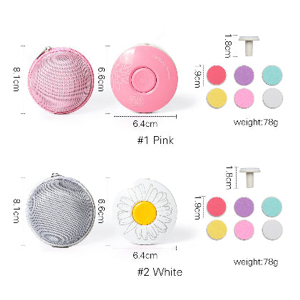 Measurement chart of a pink and white round product with color swatches and dimensions.